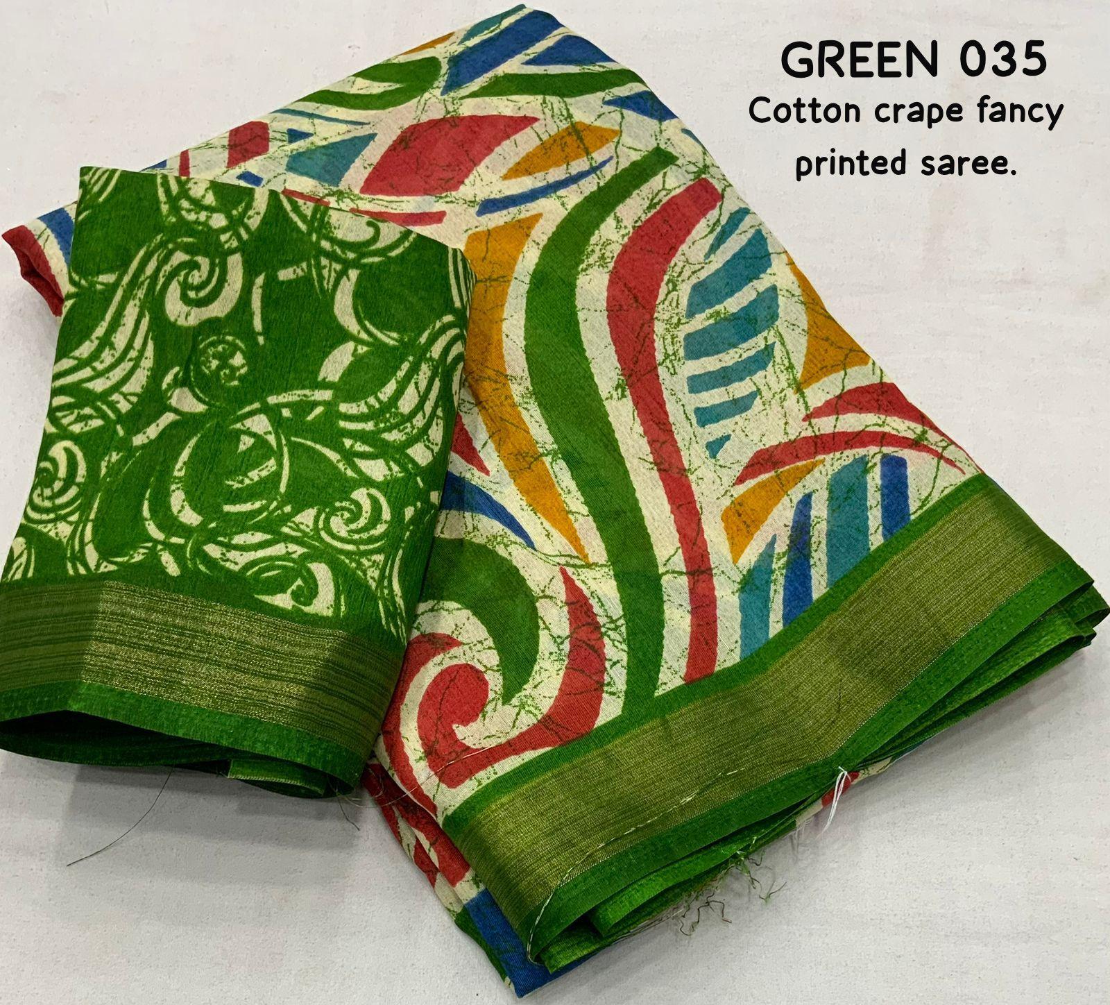 Green Cotton Crepe Batik Print Saree with Unstitched Blouse - Hiral Fashion