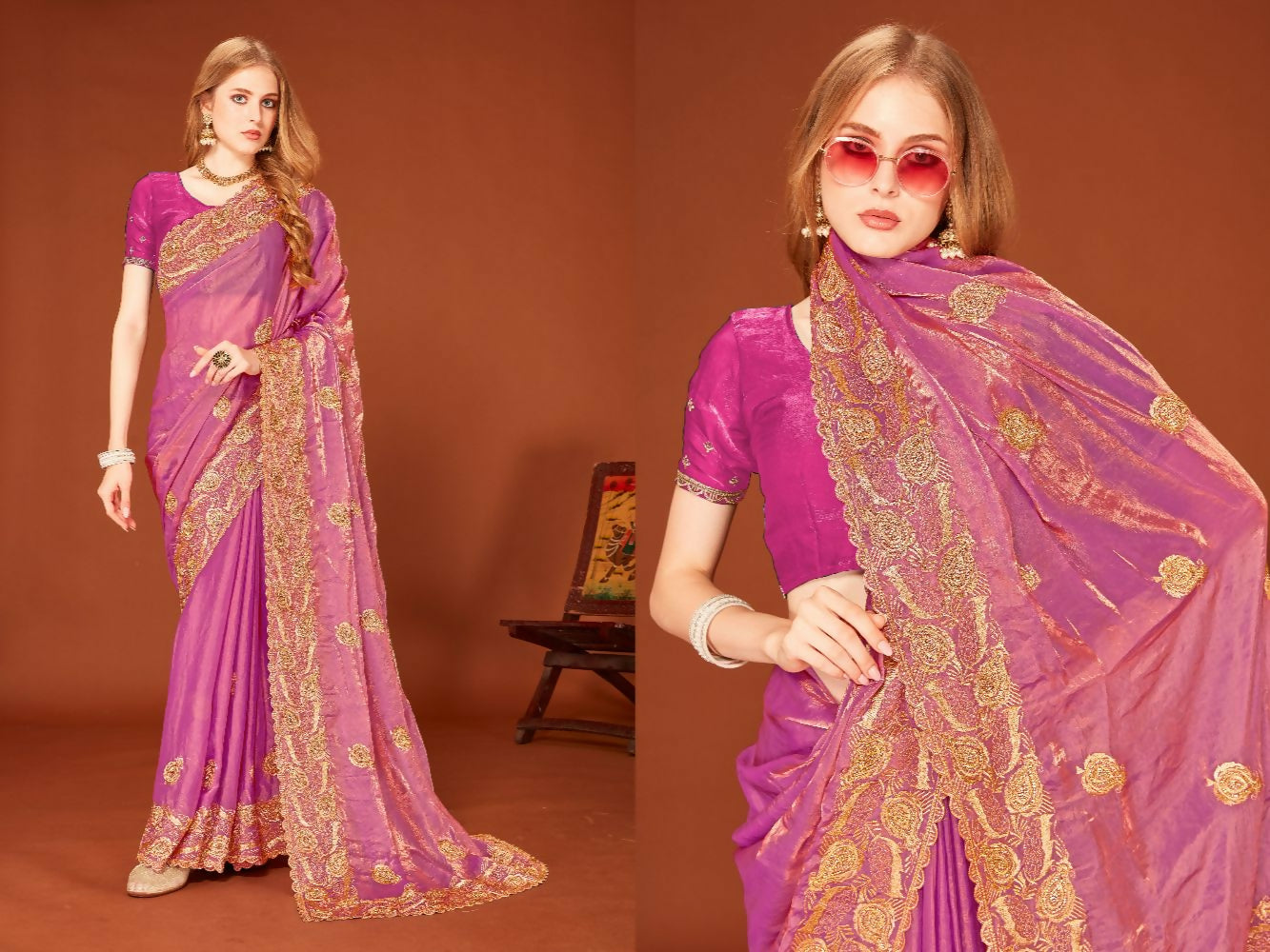 Dusty pink Fendi two-tone silk saree with Zari and Zircon embellishments