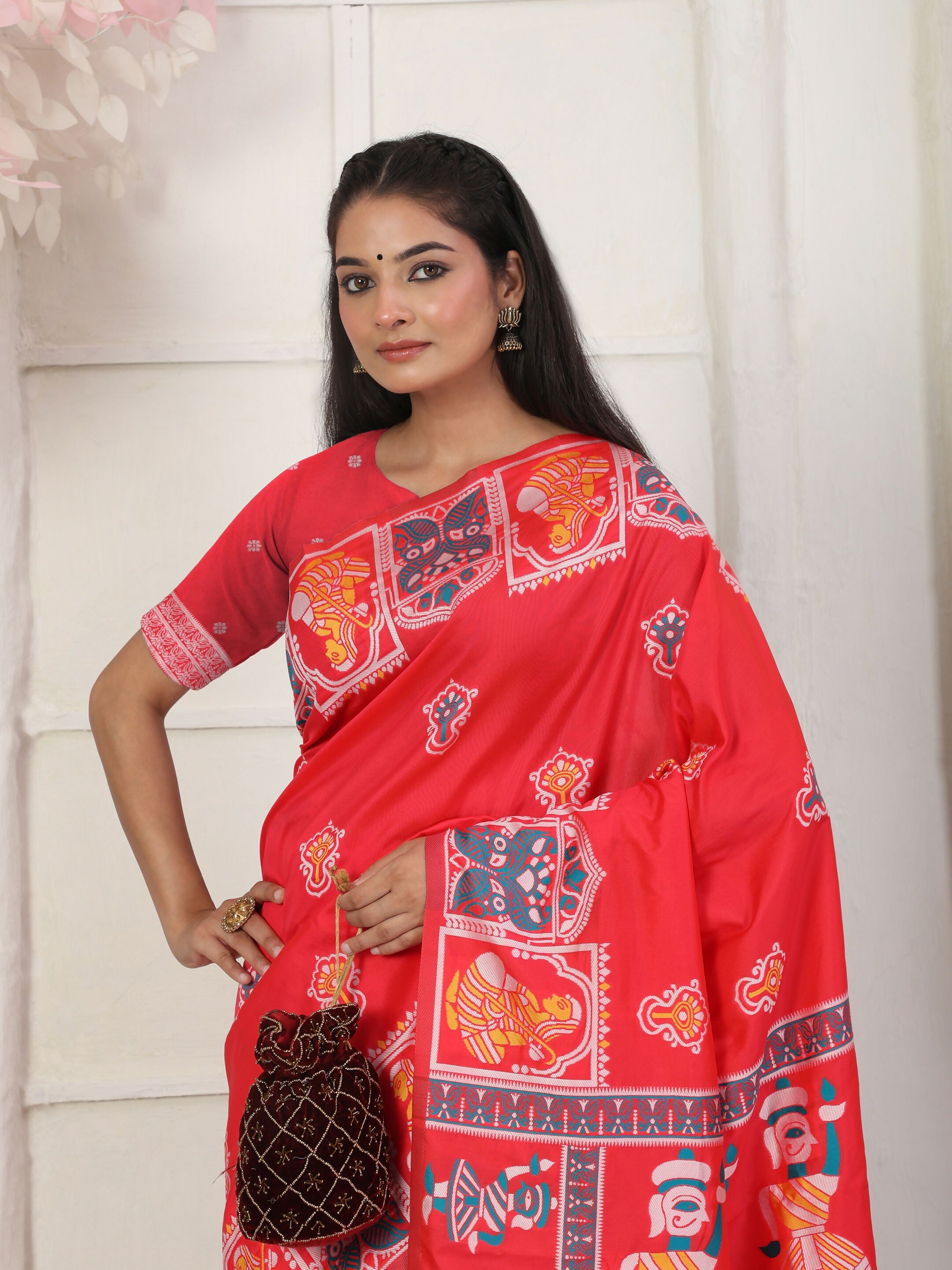 Red Silk Blend Saree with Matching Blouse Piece