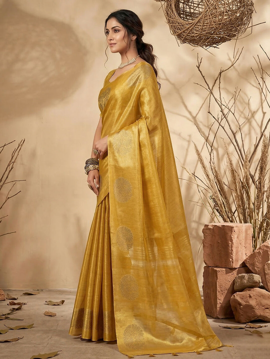 Yellow Tissue Silk Saree with Matching Blouse Piece