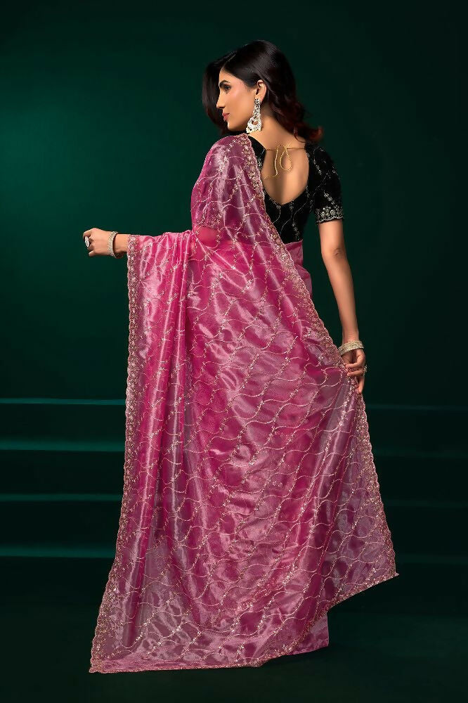 Pink Net Party Wear Saree with Contrast Black Velvet Blouse