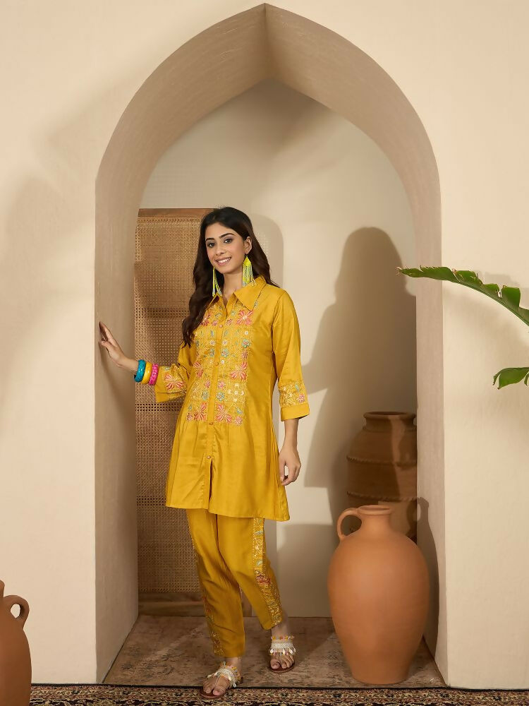 Mustard Roman Silk Embroidered Kurta Set with Shirt Collar