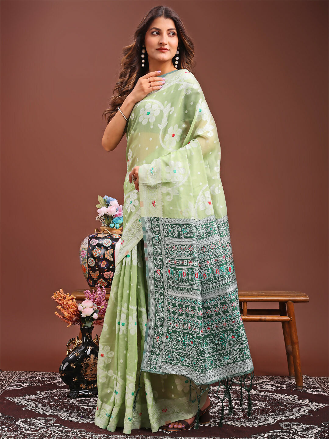 Anaya Light Green Linen Cotton Saree with Matching Blouse Piece
