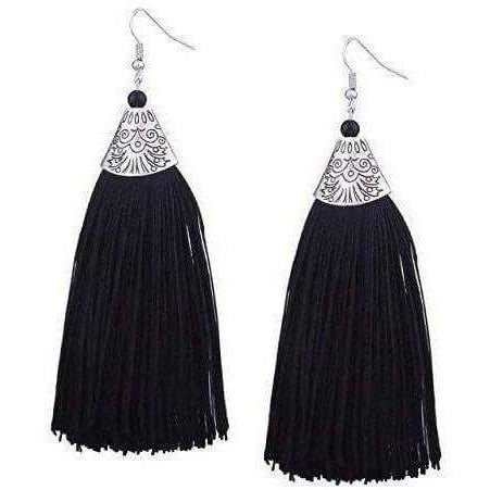 Long black thread tassel earrings with silver accents, perfect for party wear.