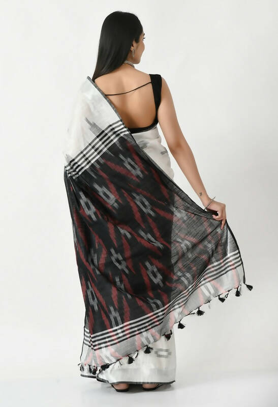 White & Black Bhagalpuri Handloom Ikat Cotton Saree