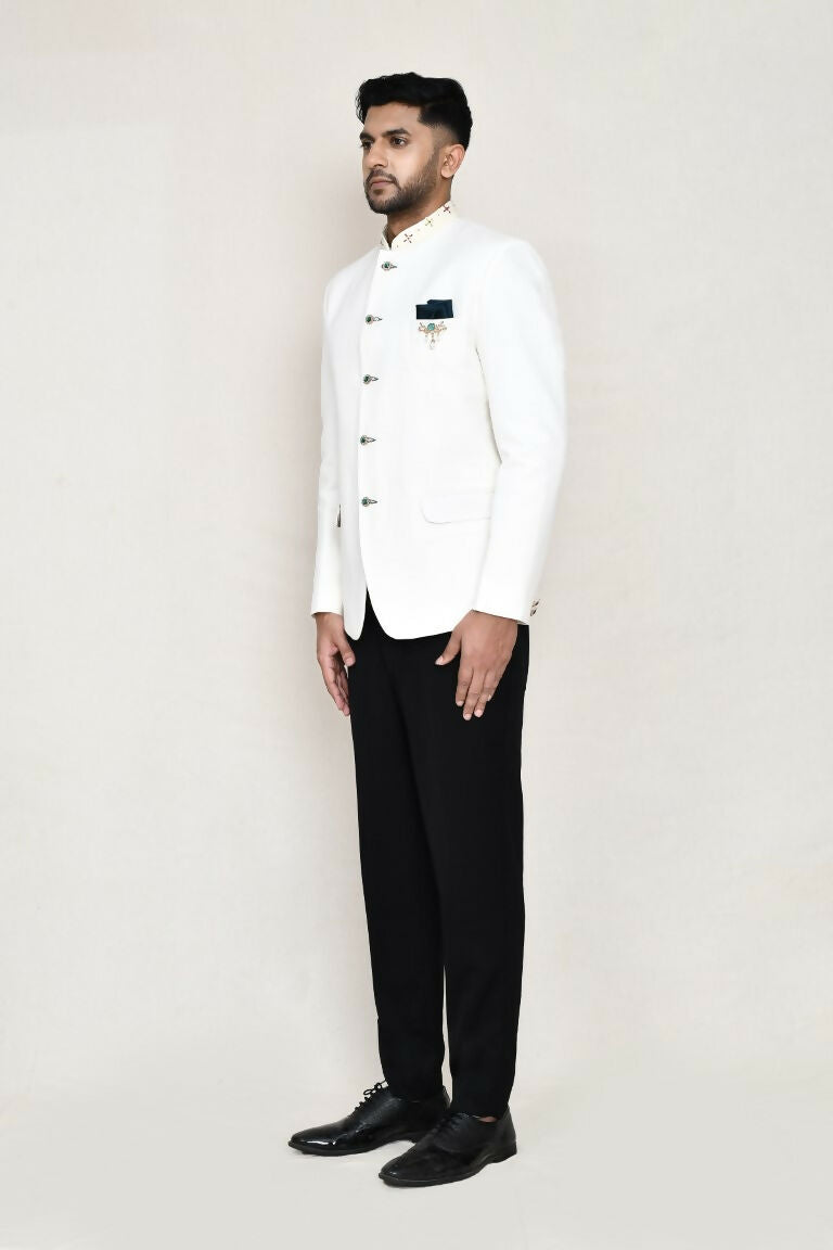 White Cotton Linen Prince Coat with Pocket Square and Pant