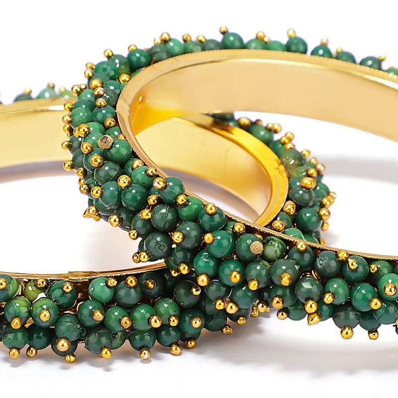 Joharkamal Gold-Polished Green Bead Bangles Set in Brass