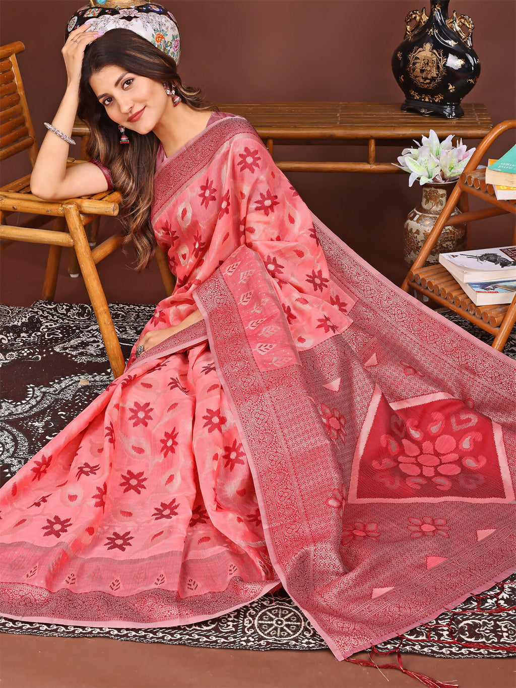 Peach Linen Cotton Saree with Matching Blouse Piece