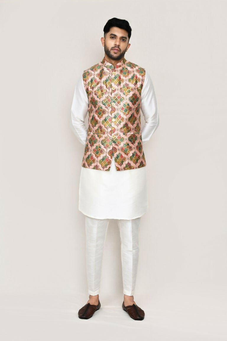 White Art Silk Kurta Set with Designer Jacket and Straight Pants