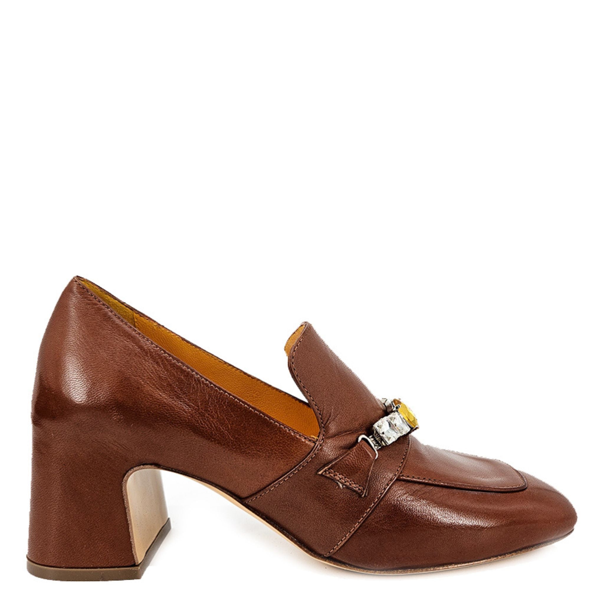 Cognac Leather Mid Heel Jeweled Loafer