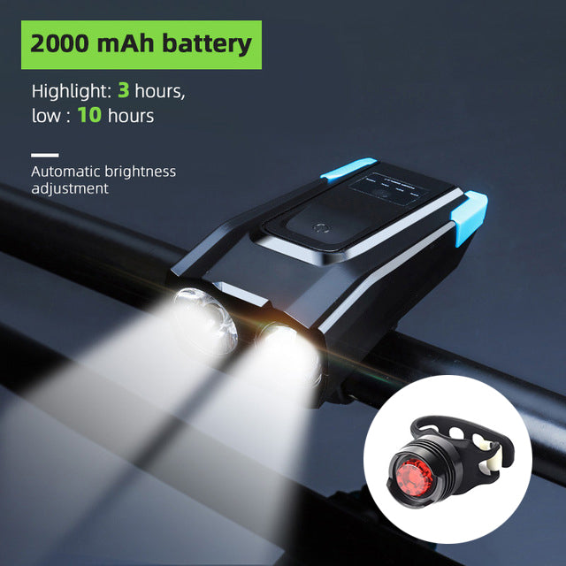 800 Lumen USB Rechargeable Bike Headlight with Integrated Horn
