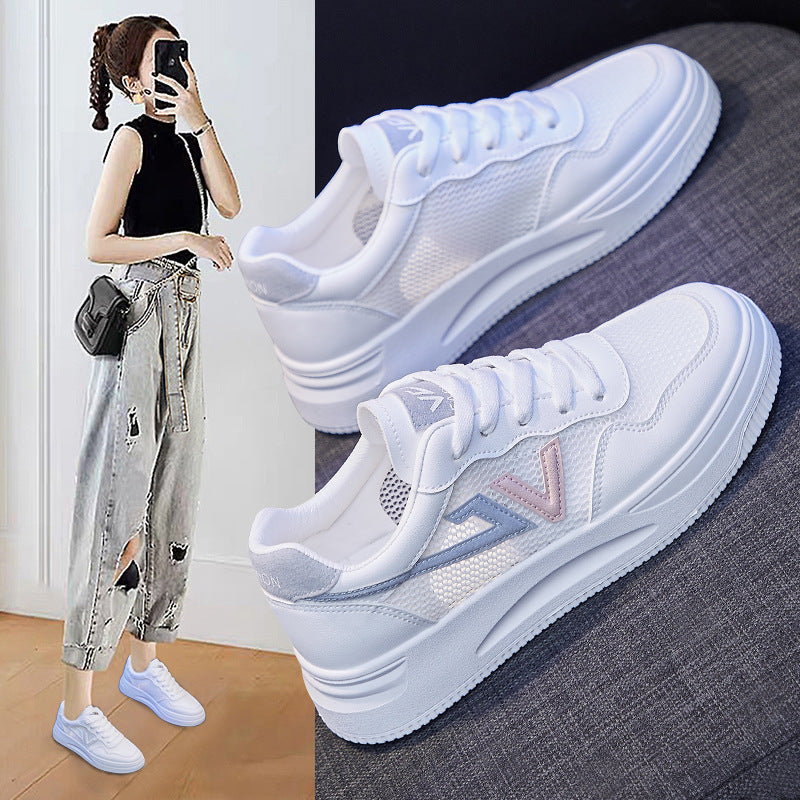 Women's White Platform Sneakers PU Leather Casual Lace-Up Shoes