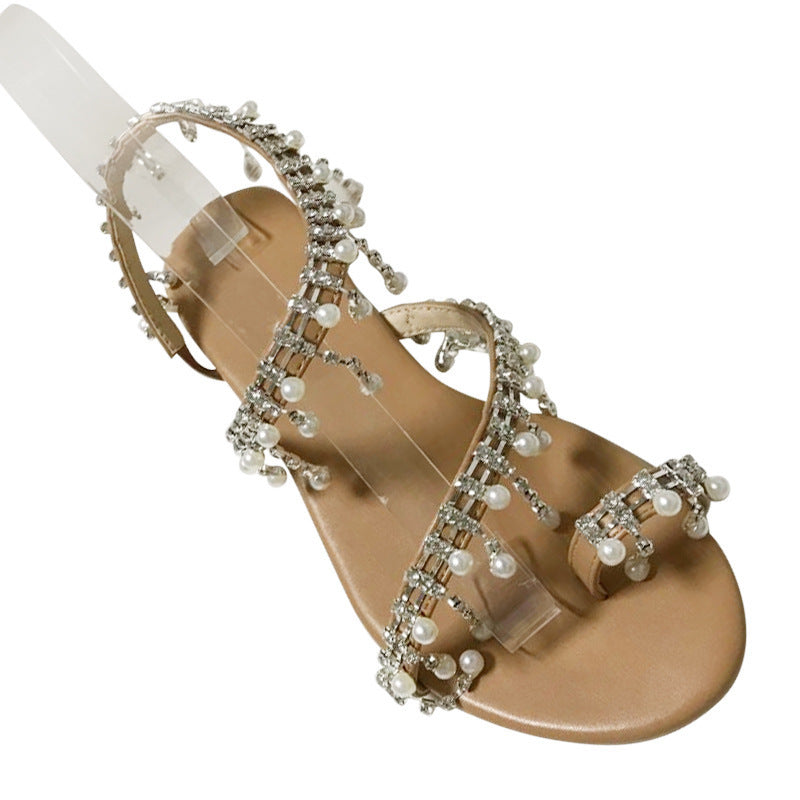 Women's Rhinestone Crystal Flat Sandals Casual Beach Slip-Ons
