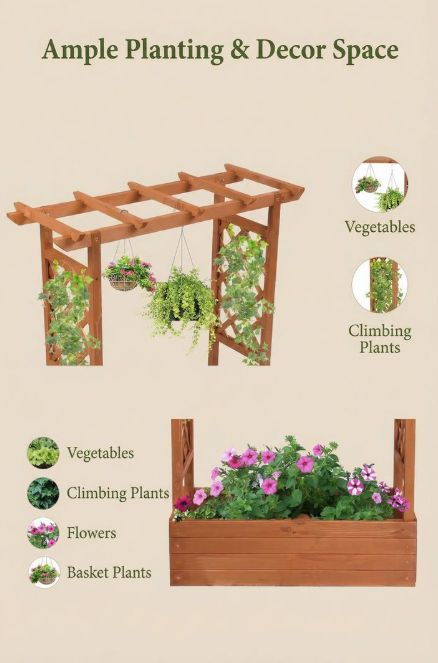 Raised Wooden Planter Box with Trellis for Climbing Plants Brown