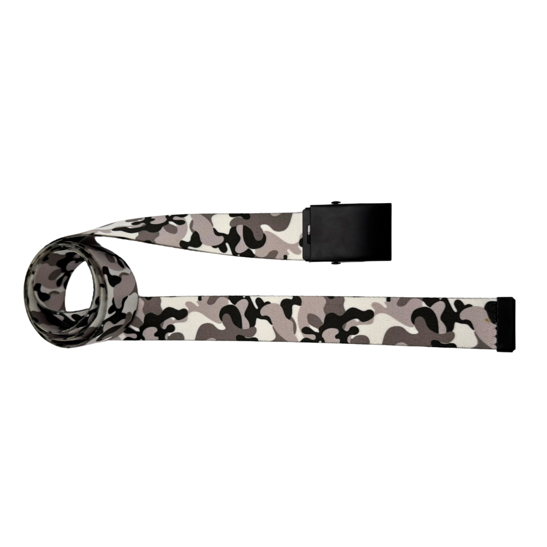 A winter camouflage patterned web belt with a black flip-top metal buckle shown on a white background.