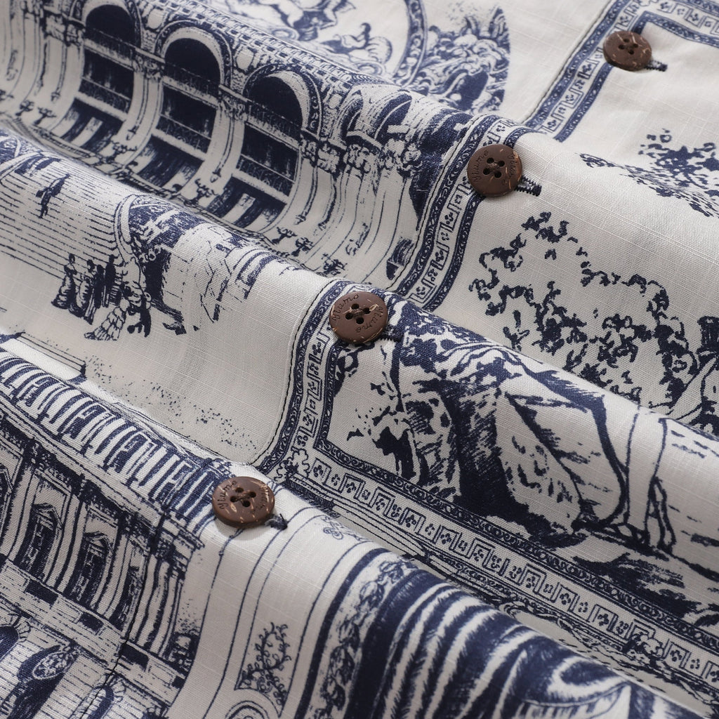 Men's Artistic Blue & White European Scene Cotton Camp Collar Shirt