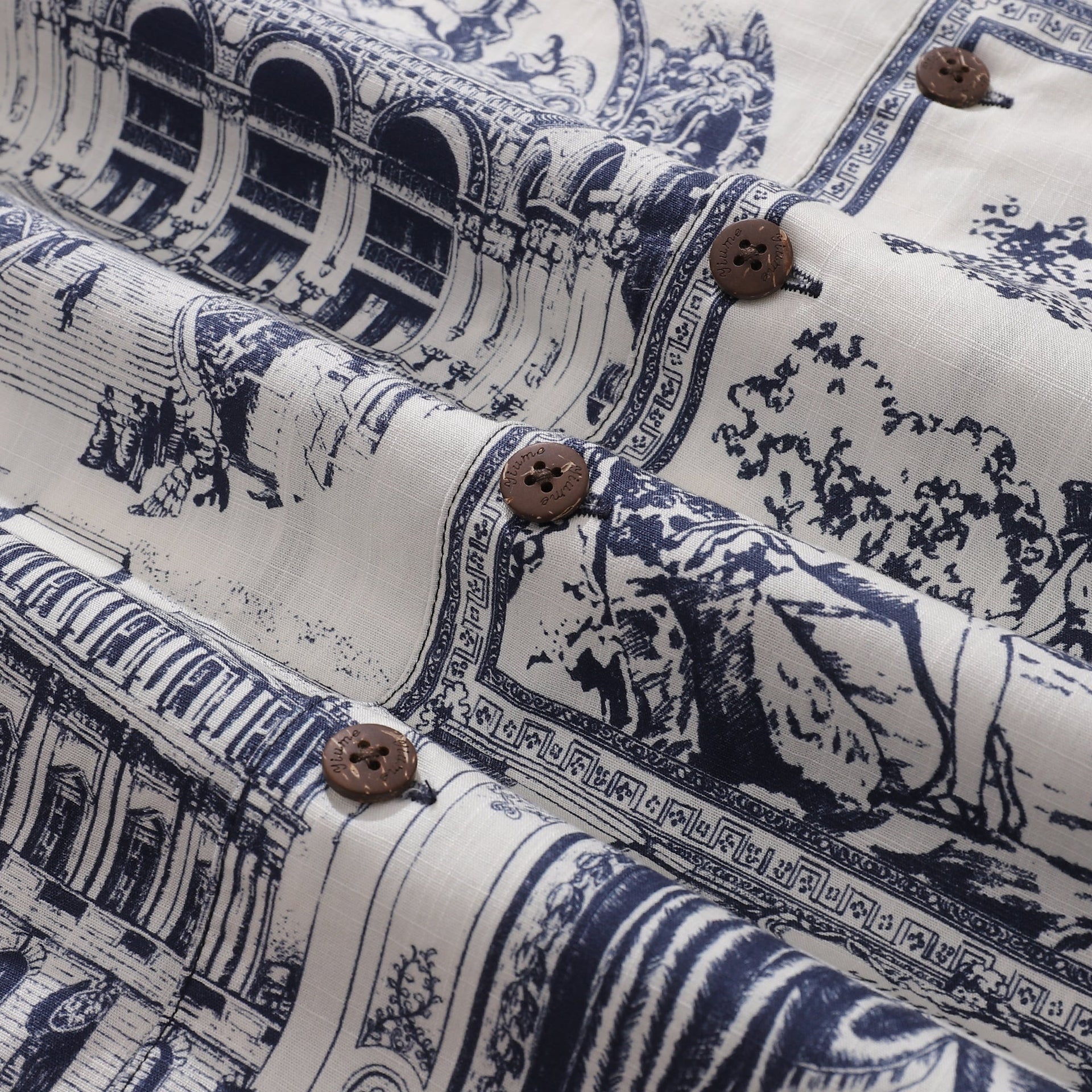 Men's Artistic Blue & White European Scene Cotton Camp Collar Shirt