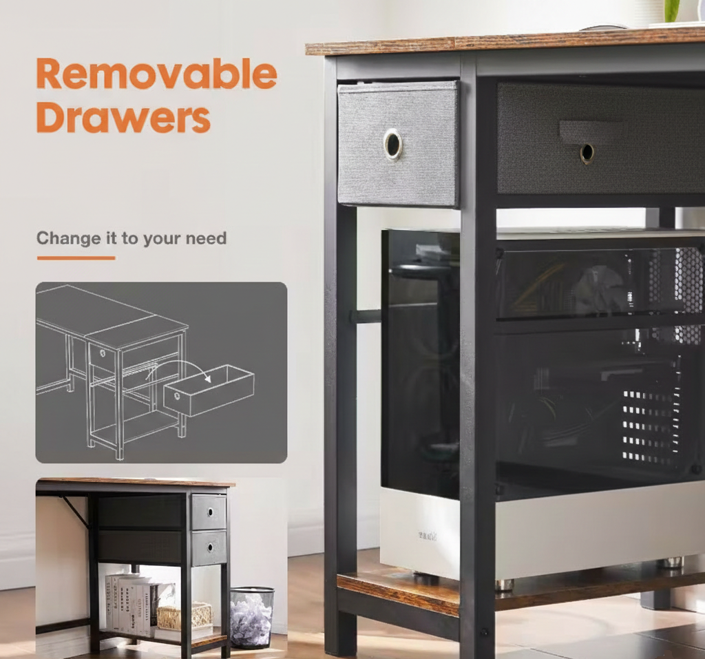 Modern Industrial Computer Desk with Fabric Storage Drawers