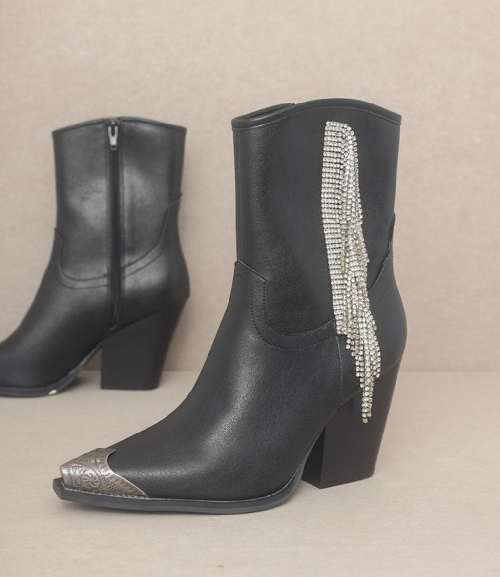 Black Rhinestone Fringe Western Ankle Boots with Etched Toe Cap
