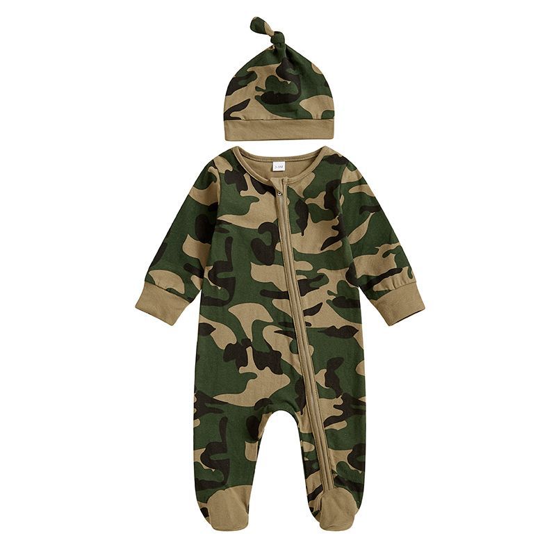Infant Camo Military-Style Romper Set with Hat and Hairband