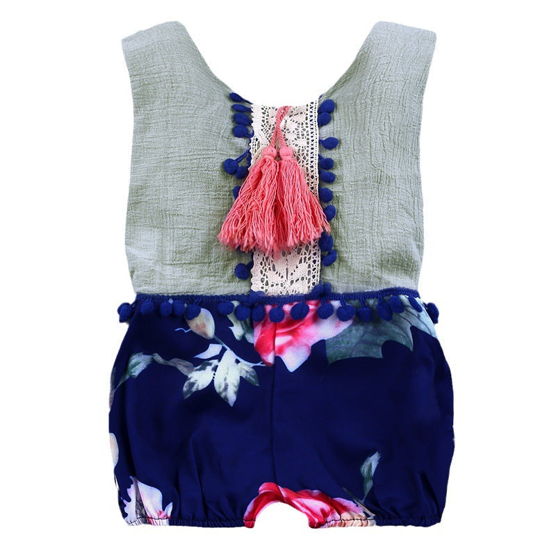 Floral Tassels Sleeveless Backless Baby Girl Romper Jumpsuit