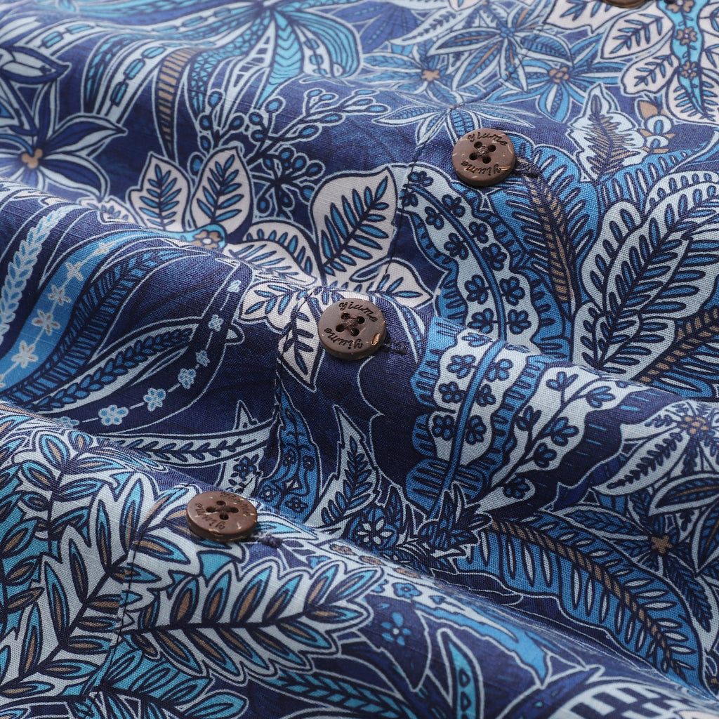 Men's Tropical Blues Botanical Print Cotton Camp Collar Shirt