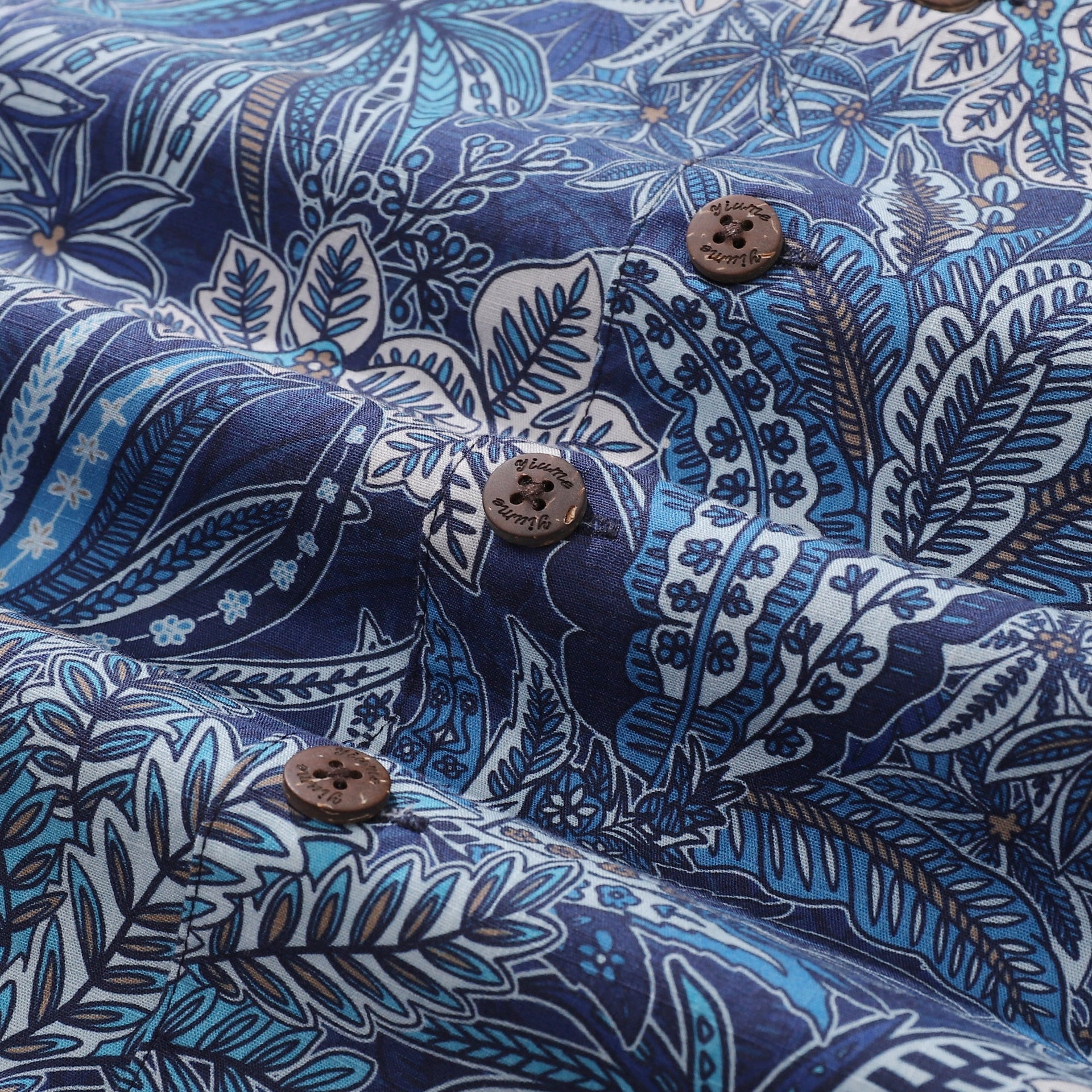 Men's Tropical Blues Botanical Print Cotton Camp Collar Shirt