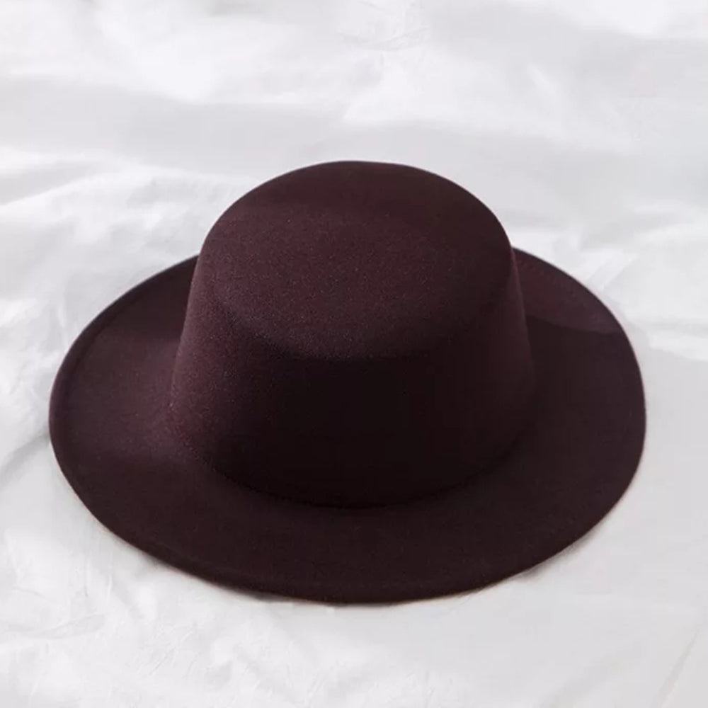 Classic wide brim felt fedora hat available in dark brown, red, and camel