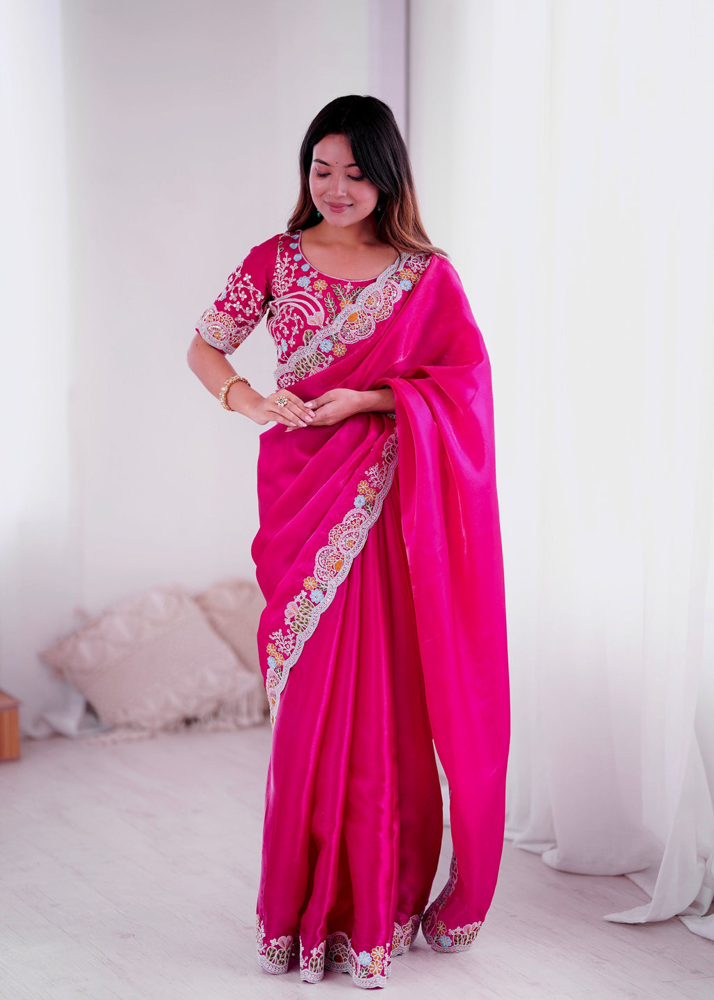 Magenta Jimmy Choo Saree with Sequins and Thread Embroidery Work