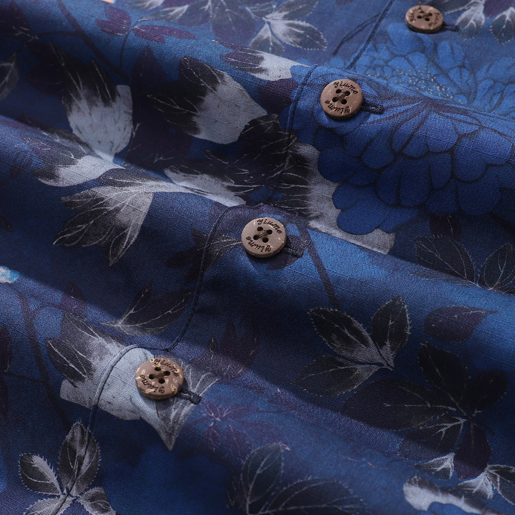 Dark Blue Peony Print Hawaiian Shirt Men's Short Sleeve Cotton