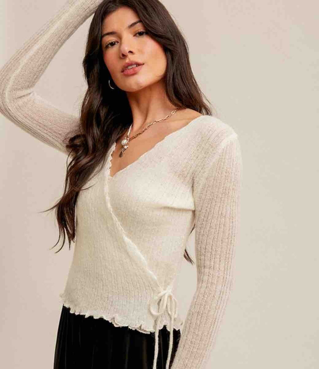 Off White Pointelle Tie Waist Sweater Top - Lightweight Knit