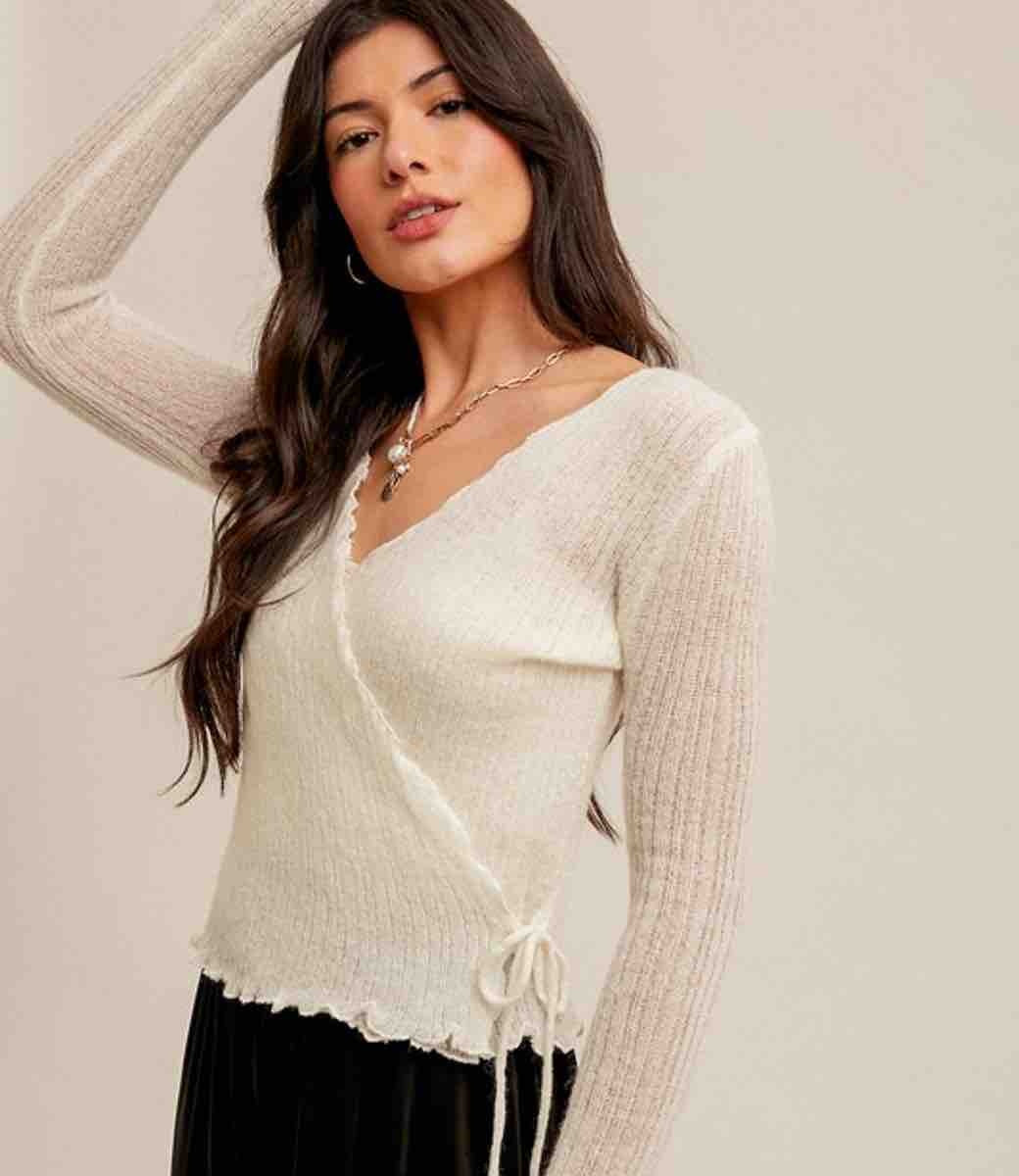 Off White Pointelle Tie Waist Sweater Top - Lightweight Knit