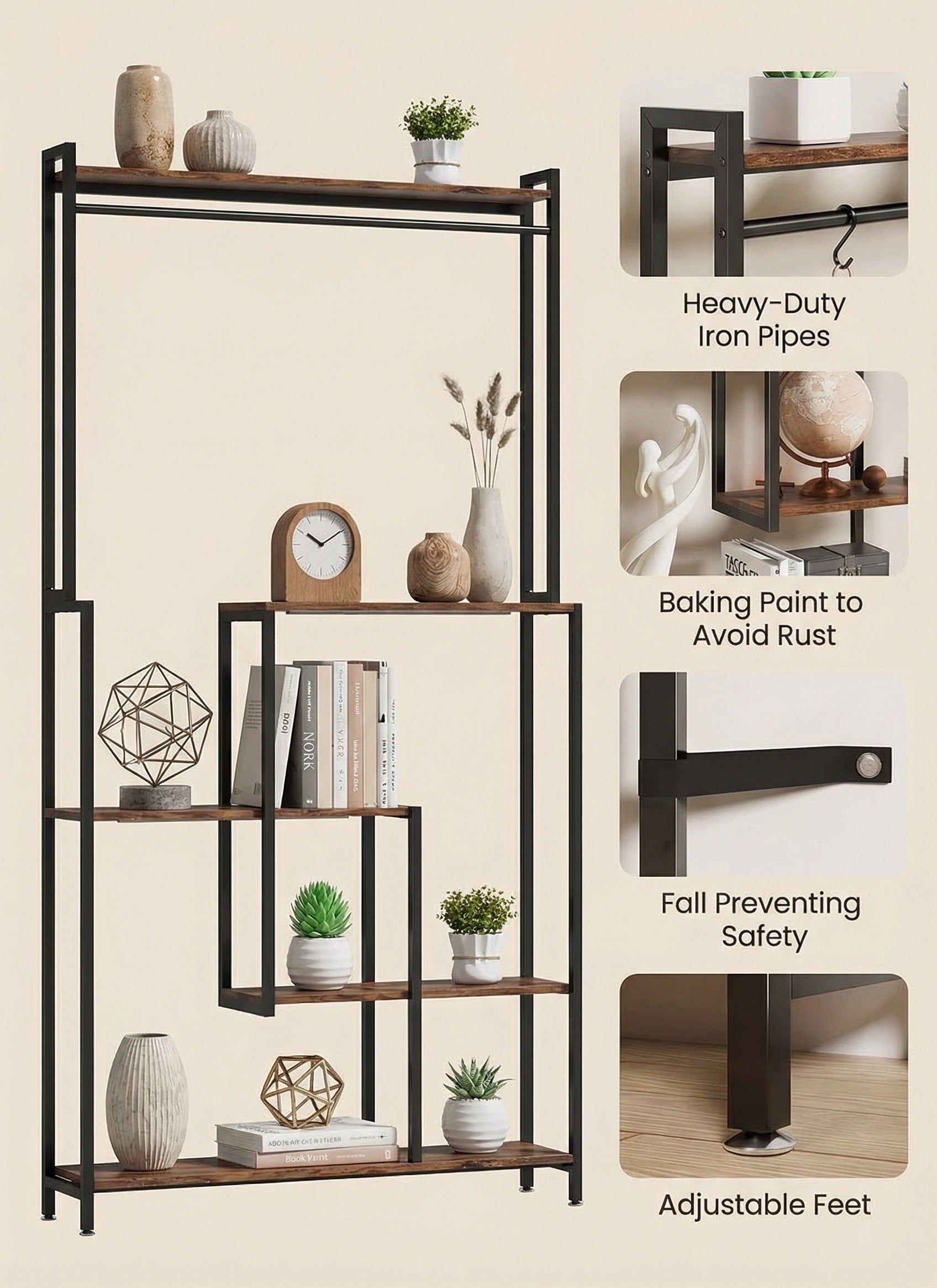 5-Tier Industrial Metal Display Shelf with LED Lighting
