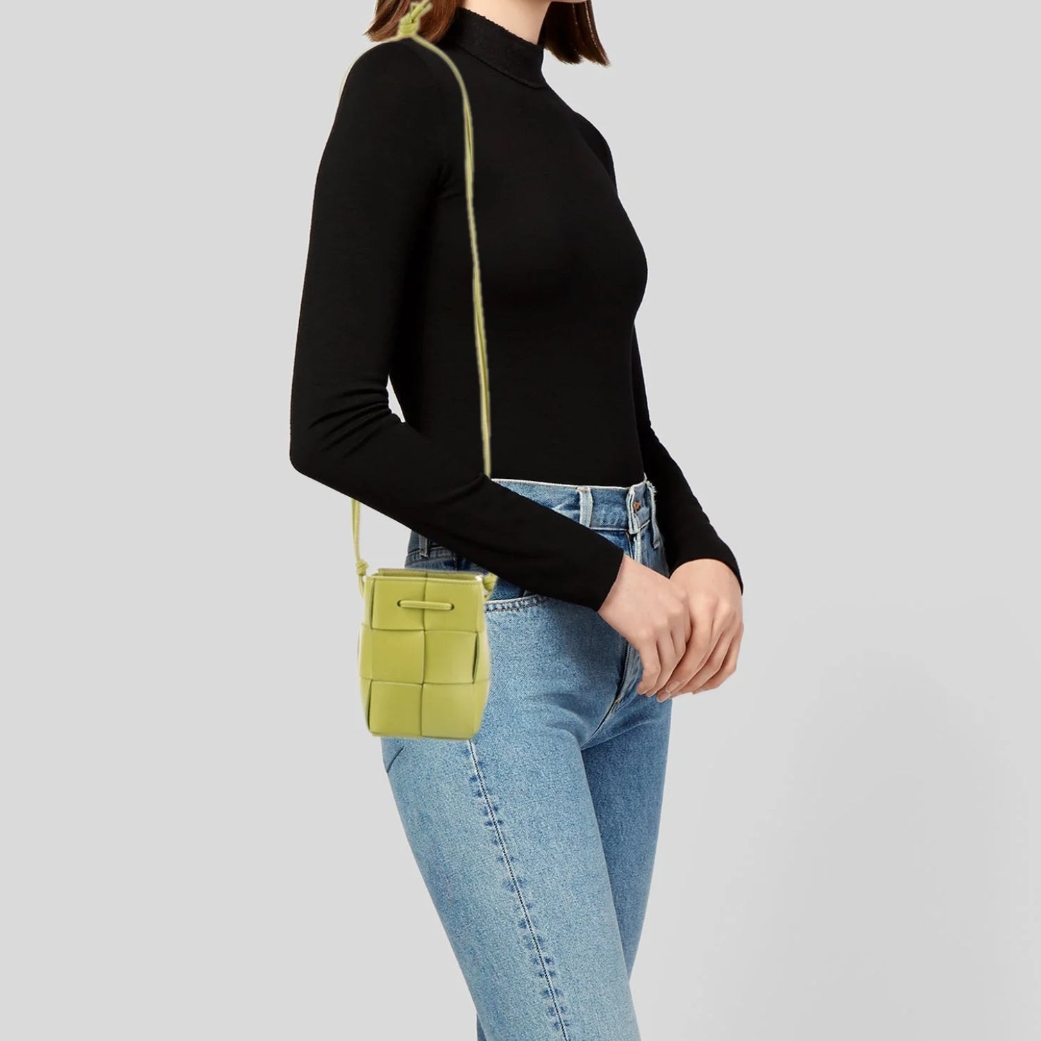 Woven Mini Crossbody Bucket Bag Lightweight Leather Handbag