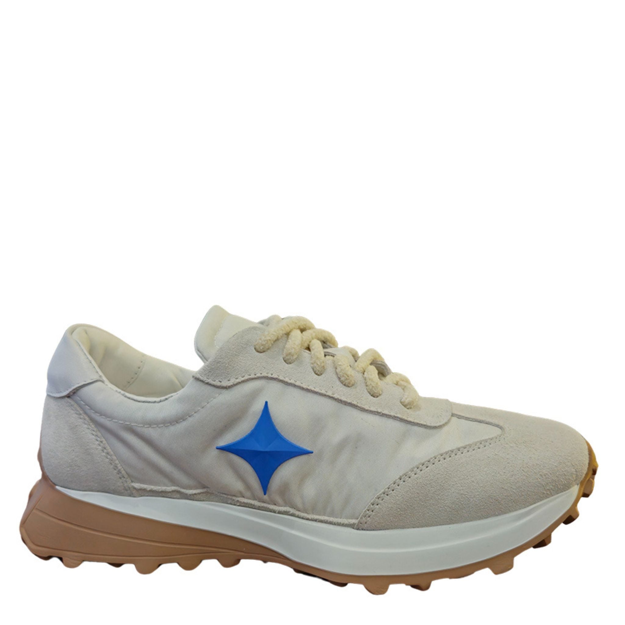Madison Maison jogger sneakers in white with a blue star logo and gum-colored treaded sole.