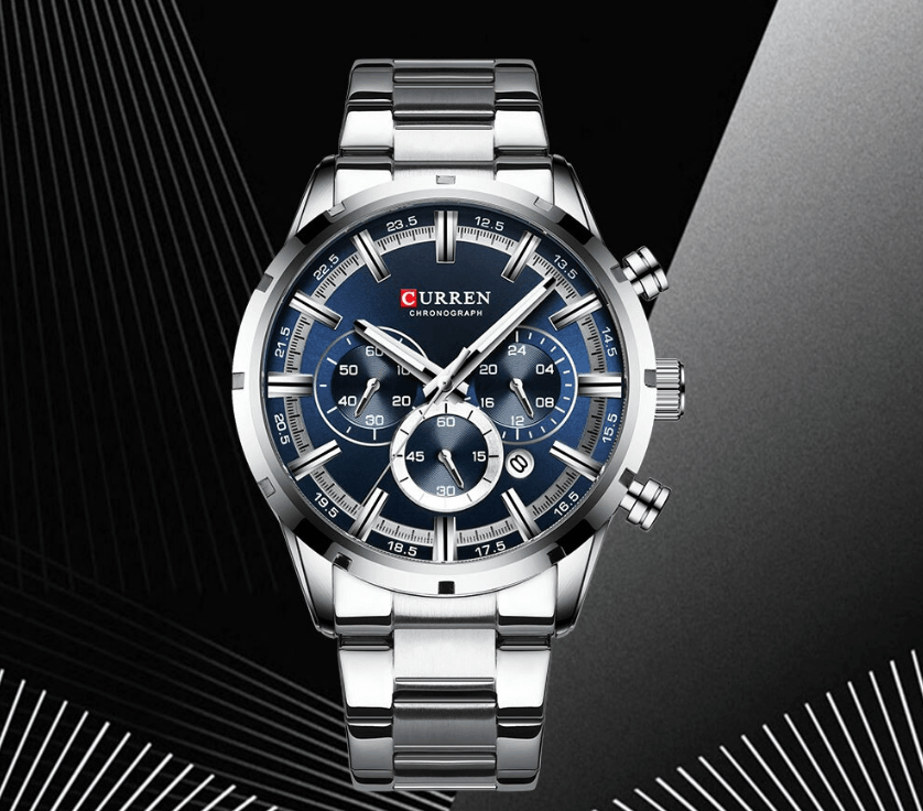 CURREN men's sports chronograph watch in silver, blue, black, and gold