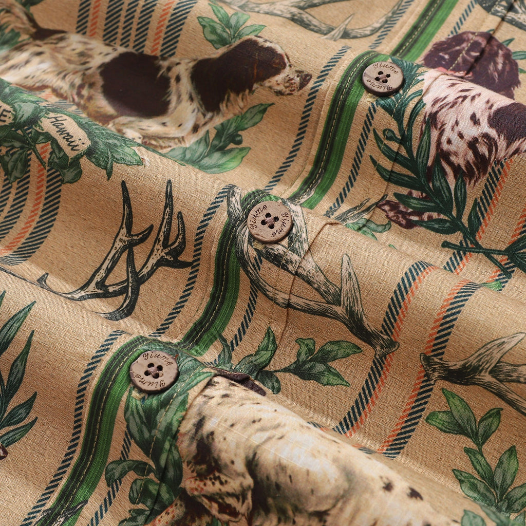 Vintage Outdoorsy Dog Print Hawaiian Shirt in Tan, Brown, Green