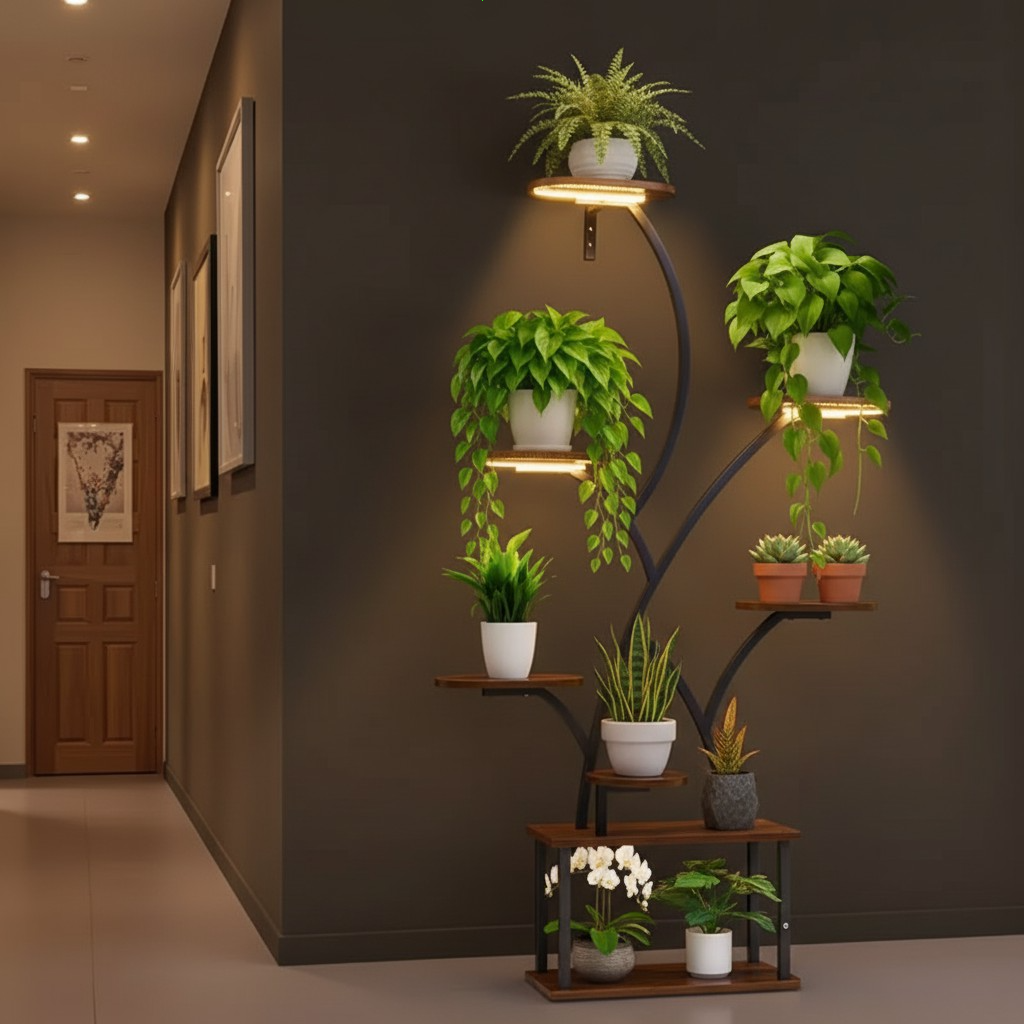 8-Tier Metal Corner Plant Stand - Modern Industrial Plant Shelf