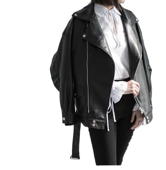 Women's PU Faux Leather Biker Jacket with Sashes