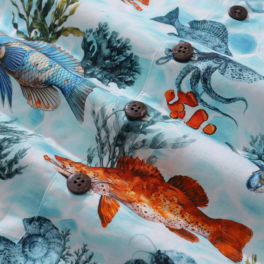 Men's Fish Print Hawaiian Shirt, Coastal Camp Collar Cotton