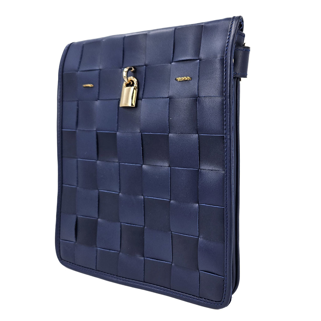 Woven Leather Navy Blue Crossbody Bag with Gold Lock Detail - Image 3