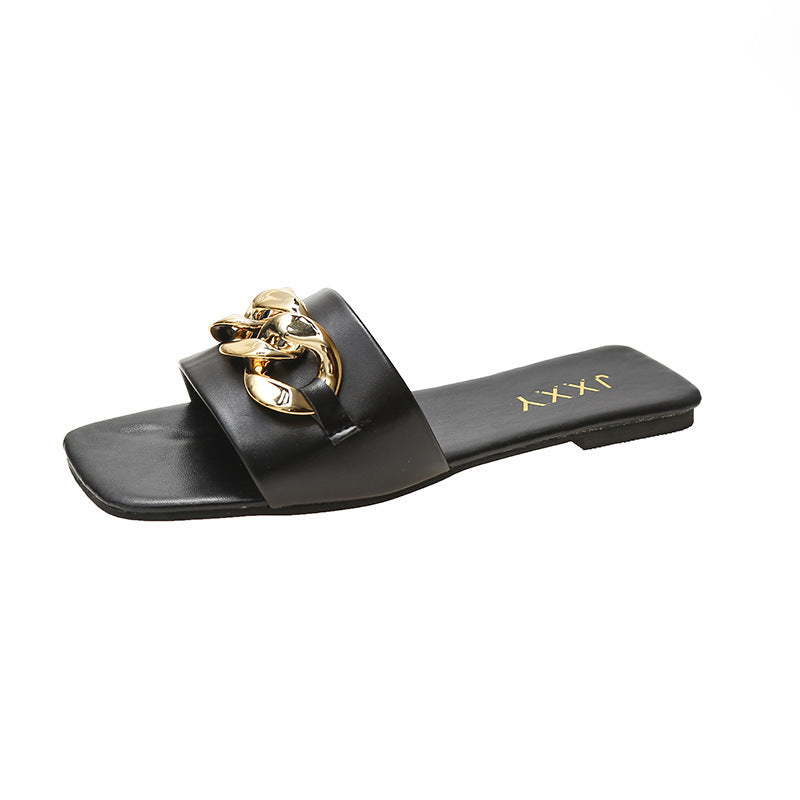 Gold Chain Detail Closed Toe Mules Flat Square Head Slip On Slides
