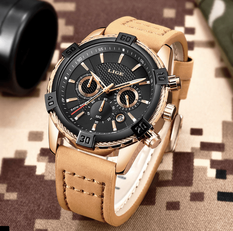 Waterproof Men's Chronograph Watch with Gold Accents and Date