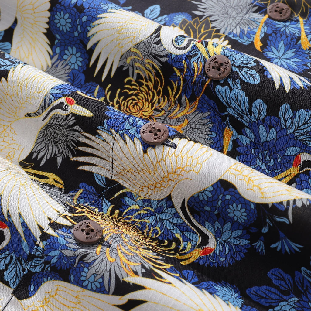 Crane Print Men’s Hawaiian Camp Collar Cotton Resort Shirt