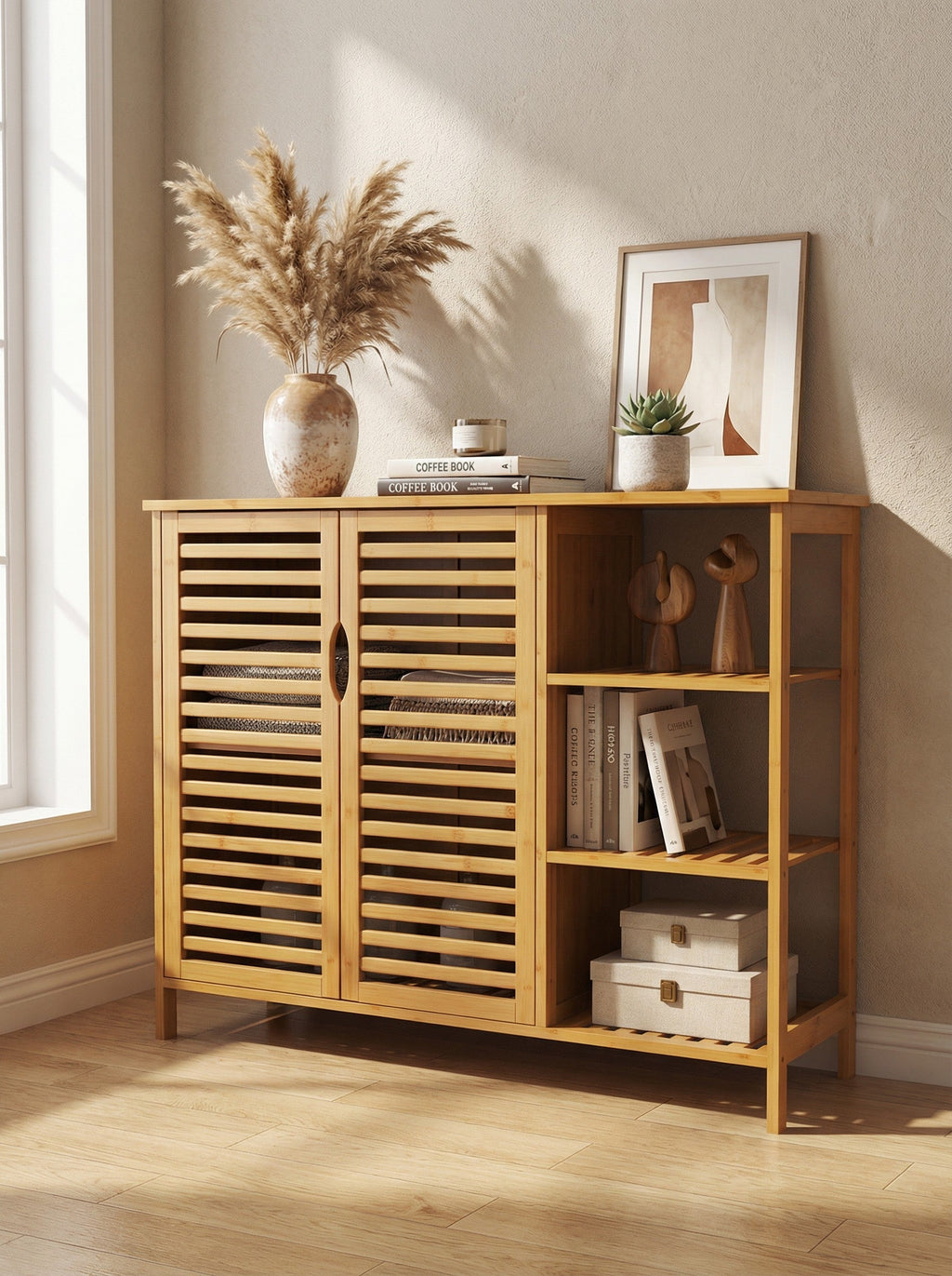 4-Tier Bamboo Floor Cabinet with Doors for Minimalist Storage