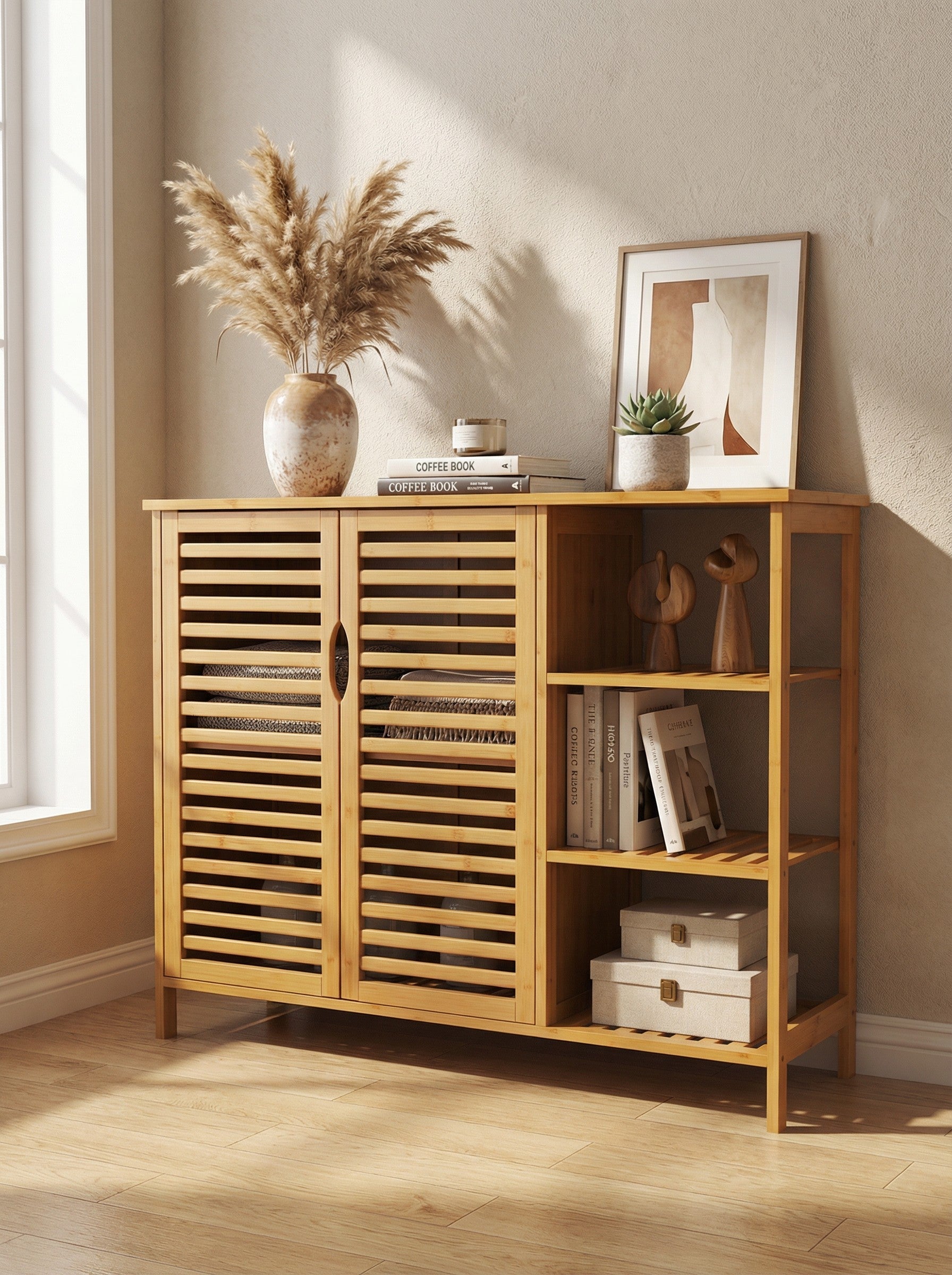 4-Tier Bamboo Floor Cabinet with Doors for Minimalist Storage