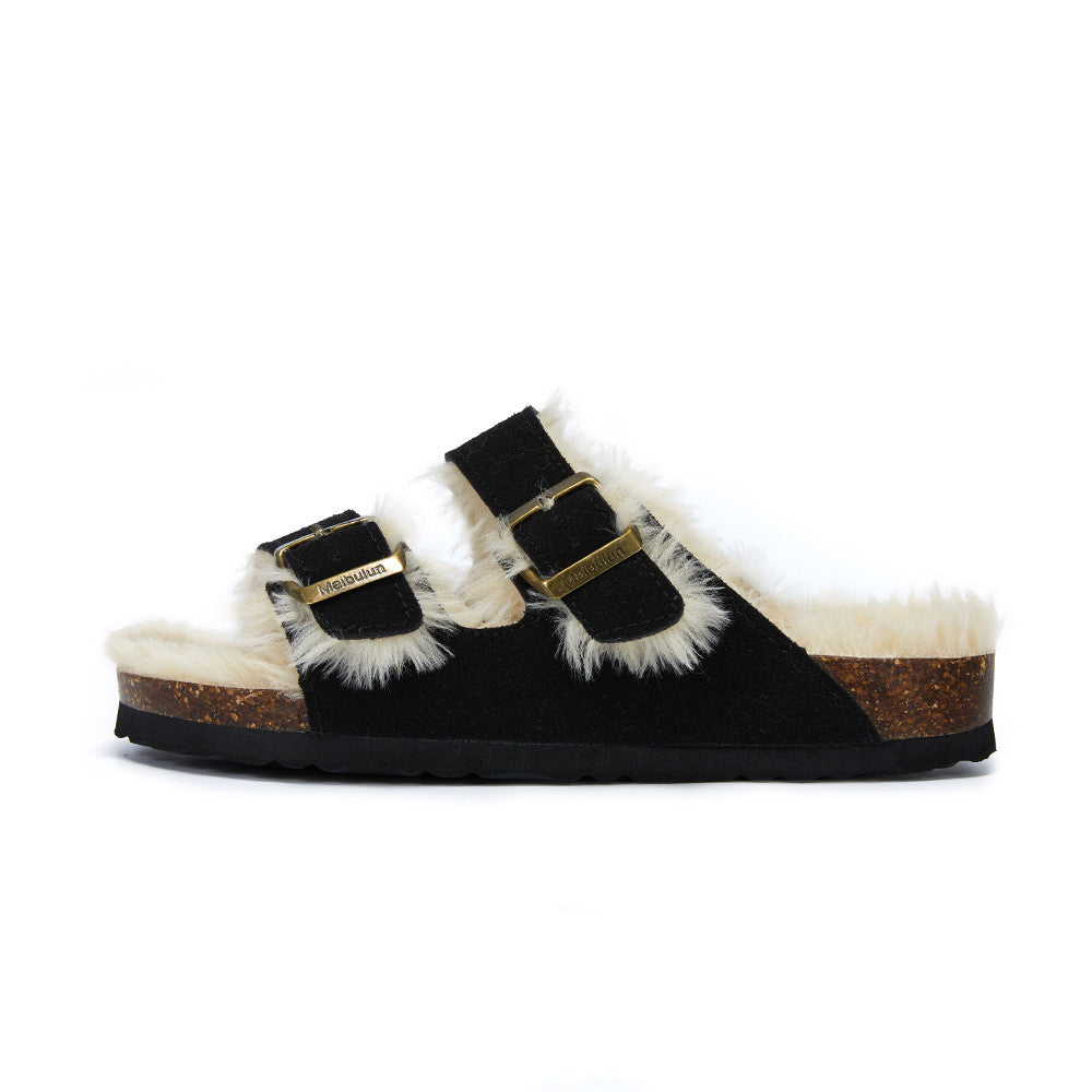 Women's Fur-Lined Adjustable Buckle Clog Slippers for Indoor Outdoor