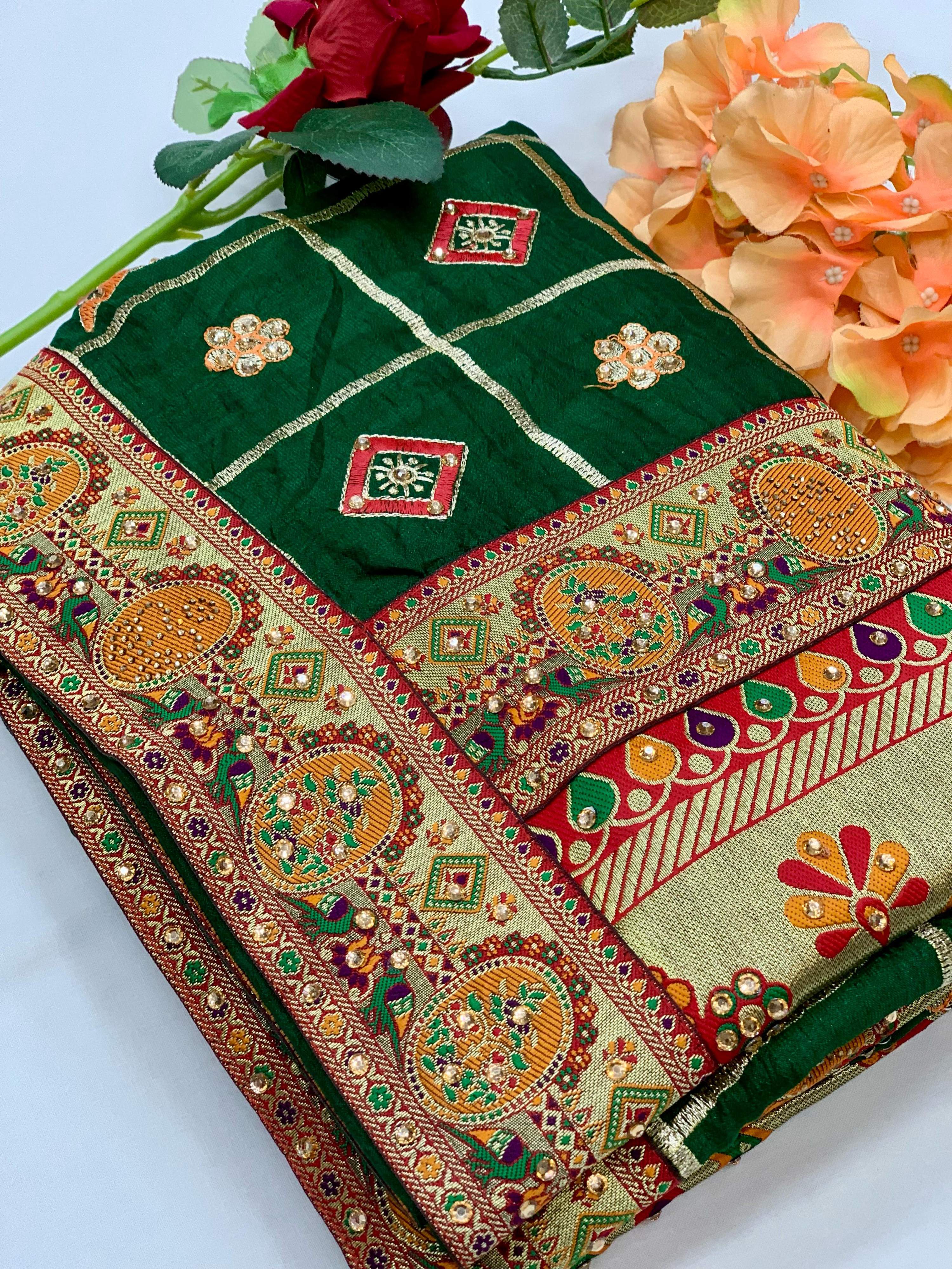 Premium Green Vichitra Silk Saree with Diamond and Embroidery