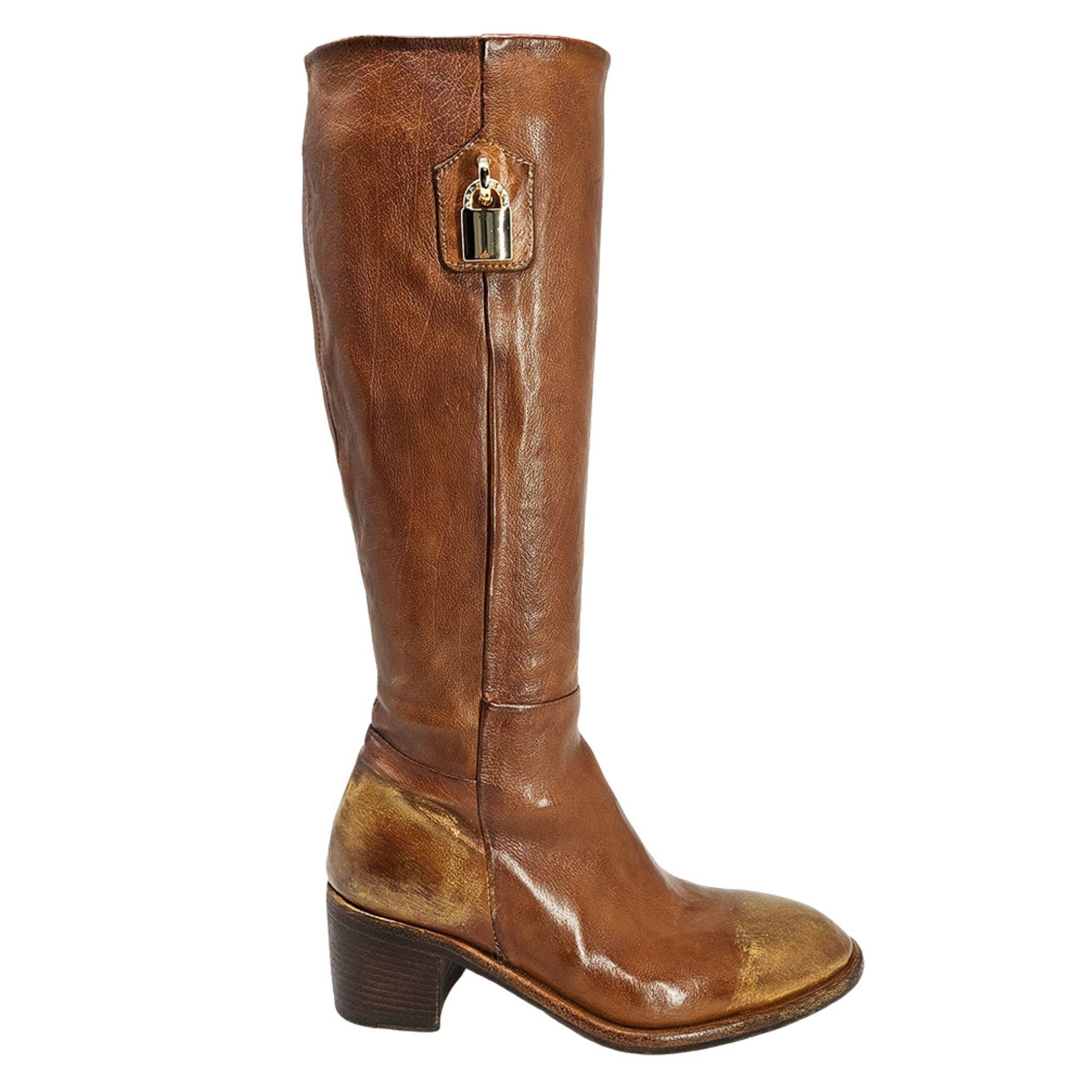 Tall Cognac Hand Rubbed Lock Boot