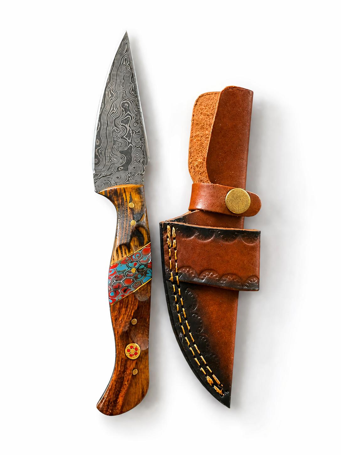 Painted Mesa Damascus Hunting Knife with Rosewood Mosaic Handle